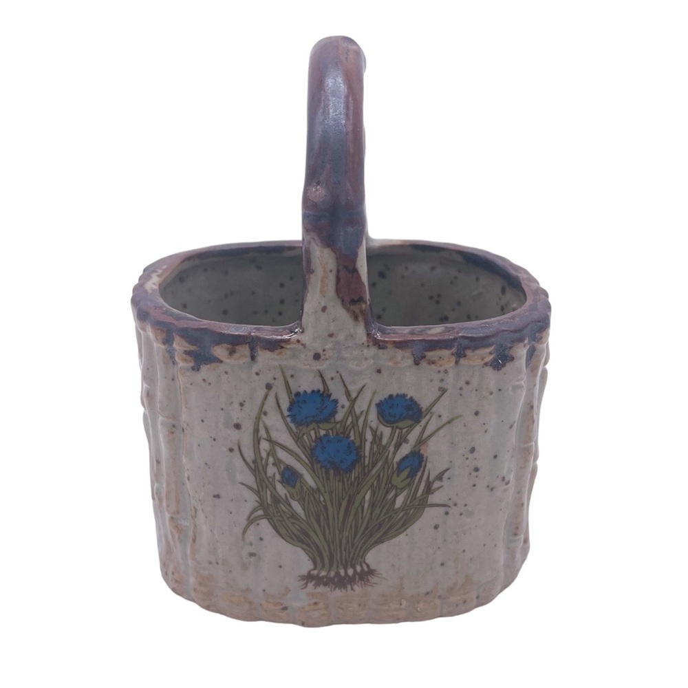 Vintage Takahashi Japan Speckled StonewareBlue Floral Small Vase Basket